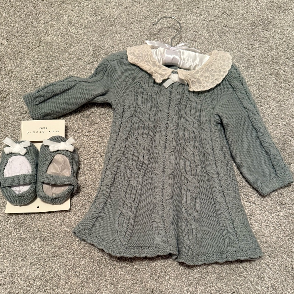 Green Cable Knit Baby Dress with Shoes